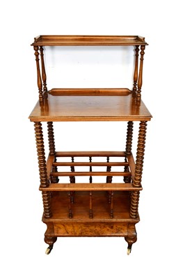 Lot 1436 - Victorian walnut Canterbury whatnot, with three tiers and flush drawer below on turned legs and castors, 57cm wide x 45cm deep x 125cm high