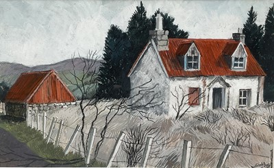 Lot 1168 - Dione Page (1936-2021) gouache and pastel on paper laid on card - 'Red Roofs', signed titled and dated '99, 38cm x 23cm, in glazed frame
