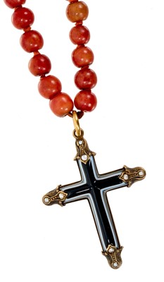 Lot 500 - 19th century banded agate cross pendant in a gold mount set with seed pearls to the terminals suspended from an antique coral/jasper bead necklace