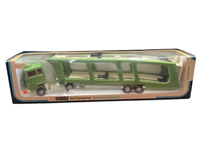 Lot 1715 - Corgi diecast Car Transporter (Blue & Green Version), boxed No.1159, plus American LaFrance Aerial Ladder Truck (3)