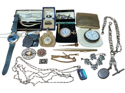 Lot 69 - Victorian white metal triple watch chain with engraved locket pendant, long white metal guard chain with a butterfly wing pendant, silver pocket watch, other watches, costume jewellery