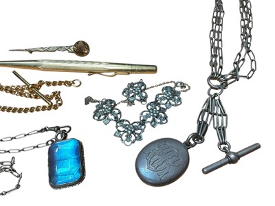 Lot 69 - Victorian white metal triple watch chain with engraved locket pendant, long white metal guard chain with a butterfly wing pendant, silver pocket watch, other watches, costume jewellery