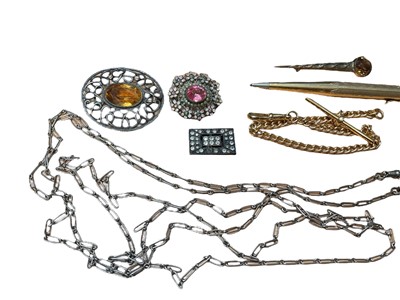 Lot 69 - Victorian white metal triple watch chain with engraved locket pendant, long white metal guard chain with a butterfly wing pendant, silver pocket watch, other watches, costume jewellery