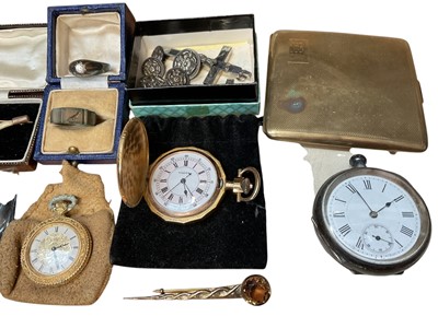 Lot 69 - Victorian white metal triple watch chain with engraved locket pendant, long white metal guard chain with a butterfly wing pendant, silver pocket watch, other watches, costume jewellery