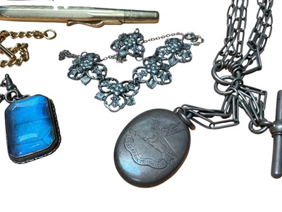 Lot 69 - Victorian white metal triple watch chain with engraved locket pendant, long white metal guard chain with a butterfly wing pendant, silver pocket watch, other watches, costume jewellery