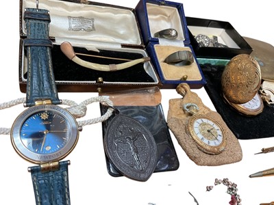 Lot 69 - Victorian white metal triple watch chain with engraved locket pendant, long white metal guard chain with a butterfly wing pendant, silver pocket watch, other watches, costume jewellery