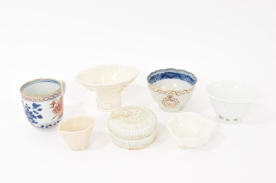 Lot 71 - Group of Chinese porcelain, including an early celadon pot and cover, blanc de chine libation cups, etc