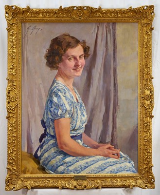 Lot 1319 - *Anna Airy (1882-1964) oil on canvas - portrait of Mrs David Ransome, signed, 90cm x 70cm, in good gilt frame, labels verso