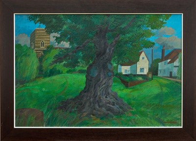 Lot 1072 - Henry Collins (1910-1994) oil on canvas, laid down onto board, ‘Old Oak, Fingringhoe’, signed, inscribed and dated 1984 verso, 67cm x 104cm, framed