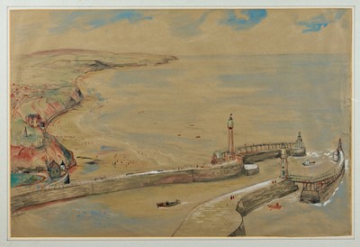 Lot 1093 - Major Richard ‘Dick’ Heseltine M.C. (1914-2012) pen, ink, crayon and watercolour - Whitby Harbour, initialled and titled, 51cm x 77cm, in glazed frame. Provenance: the artist's estate