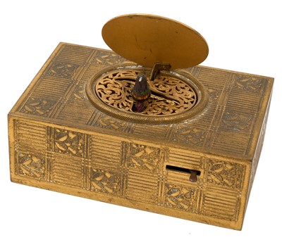 Lot 875 - 19th century Swiss singing bird box, in gilt metal case, 11cm wide, with key