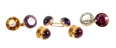 Lot 470 - Pair of gold multi-gem round faceted stone cufflinks, one 15ct gold amethyst cabochon cufflink and pair of continental gold cabochon garnet dress studs