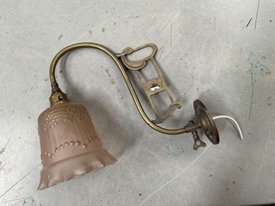 Lot 389 - Art Nouveau brass light fitting with frosted glass shade.