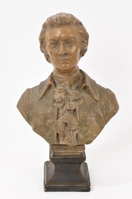 Lot 110 - Early 20th century Goldscheider pottery bust of Mozart, raised on a socle base with impressed and applied marks to reverse, circa. 1900 - 1920, 28.5cm in overall height.