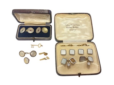 Lot 203 - Art Deco 9ct and 18ct gold dress stud and cufflink set with mother of pearl panels, other cufflinks, pair of gold (750) studs and 9ct gold key charm