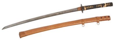 Lot 146 - Antique Japanese Wakasashi sword with curved blade, un-signed tang, civilian mounts and leather covered Second World War Scabbard. The blade 66cm