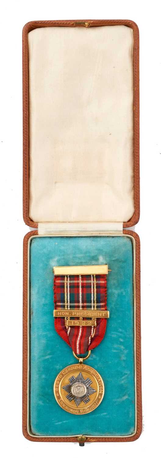 Lot 48 - 1920's 9ct gold Scots Guard Association, Edinburgh Branch, Honorary Presidents badge / medal dated 1922 and named to Brig. Gen. J. F. Erskine C.B., C.M.G., M.V.O. in tooled leather case. ...