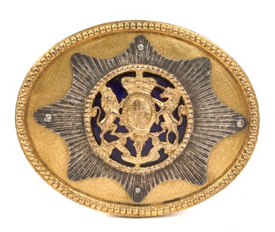 Lot 41 - Fine Georgian Officer's Cross Belt plate with central Royal Arms on enamel ground within eight pointed star on oval backing, with original leather liner, 8cm x 6.4cm
