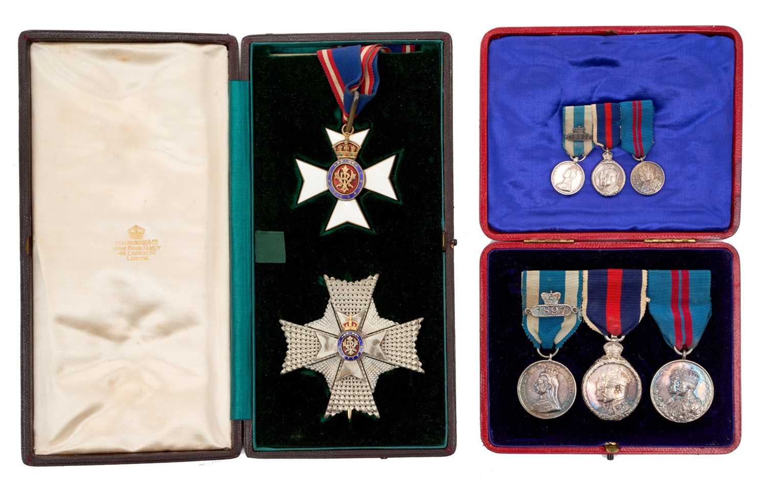 Lot 44 - Interesting Royal Household / Parliamentary Service medal group comprising, Knight Commander of the Royal Victorian Order (K.C.V.O.) set of insignia, numbered on reverse 257 in original Collingw...