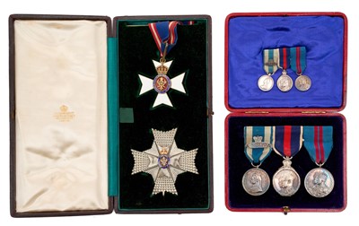 Lot 44 - Interesting Royal Household / Parliamentary Service medal group comprising, Knight Commander of the Royal Victorian Order (K.C.V.O.) set of insignia, numbered on reverse 257 in original Collingw...