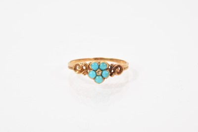 Lot 521 - Regency/early Victorian turquoise forget-me-not ring, the turquoise flower head cluster with a central rose cut diamond chip, carved scroll shoulders and glazed compartment to the reverse