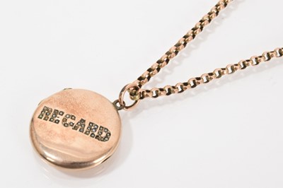 Lot 527 - Victorian gilt metal and seed pearl 'Regard' locket pendant on 9ct gold belcher link chain with barrel clasp