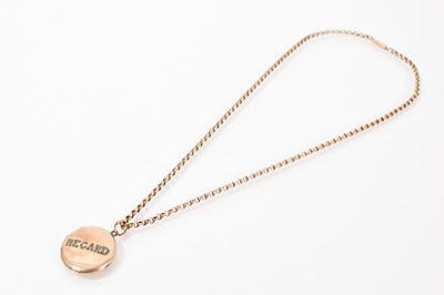 Lot 527 - Victorian gilt metal and seed pearl 'Regard' locket pendant on 9ct gold belcher link chain with barrel clasp