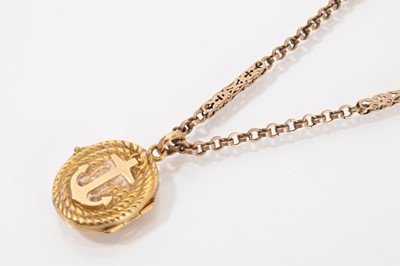 Lot 528 - Victorian gold oval locket with rope twist decoration and applied anchor, on yellow metal fancy link chain