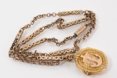 Lot 528 - Victorian gold oval locket with rope twist decoration and applied anchor, on yellow metal fancy link chain