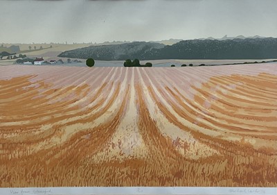 Lot 247 - Michael Carlo (Born 1945) linocut in glazed frame 'View from Glemsford', numbered 19/30, signed and dated 1976. Together with a gouache of Lake Baikal (2)