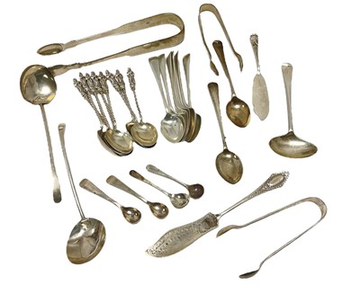 Lot 107 - Set of eight Edwardian silver apostle teaspoons, (Birmingham 1901), together with other silver teaspoons sugar tongs and flatware (various dates and makers), all at 12.5ozs