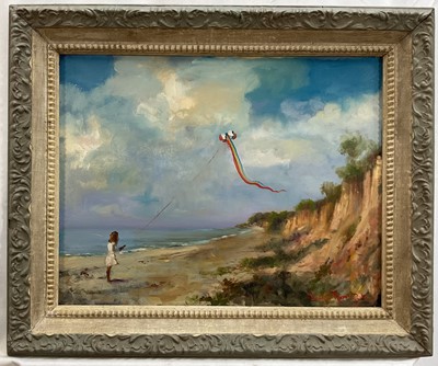 Lot 1185 - Dave Ross (contemporary), oil on board - Girl with a Kite, signed, 34cm x 44cm, in painted frame
