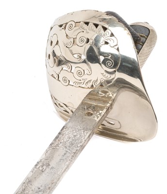 Lot 62 - First World War 1897 Pattern Infantry Officer's sword with nickel plated guard and leather dress knot, wire bound shagreen grip, straight fullered blade etched