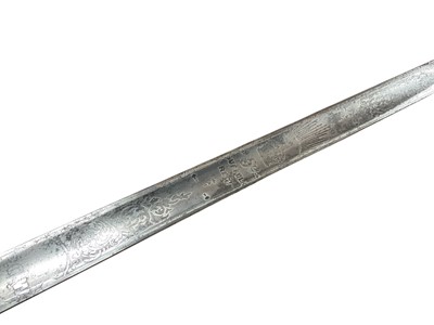 Lot 62 - First World War 1897 Pattern Infantry Officer's sword with nickel plated guard and leather dress knot, wire bound shagreen grip, straight fullered blade etched