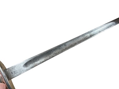 Lot 62 - First World War 1897 Pattern Infantry Officer's sword with nickel plated guard and leather dress knot, wire bound shagreen grip, straight fullered blade etched
