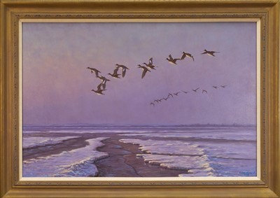 Lot 1243 - Julian Novorol (b.1949) oil on canvas - Widgeon over the Frozen Shore, signed and dated 1995, 61cm x 91cm, in gilt frame