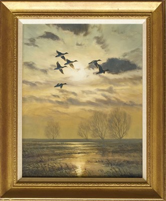 Lot 1238 - Julian Novorol (b.1949) oil on canvas - Widgeon over the Marshes, signed and dated 1993, 46cm x 36cm, in gilt frame