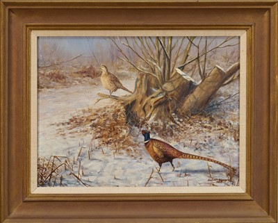Lot 1240 - Julian Novorol (b.1949) oil on canvas - Snowy Morning Pheasants, signed and dated 1995, 31cm x 41cm, in gilt frame