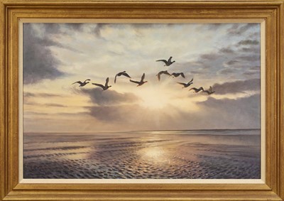 Lot 1237 - Julian Novorol (b.1949) oil on canvas - Brent Geese at Sunrise, signed and dated 1994, 51cm x 76cm, in gilt frame
