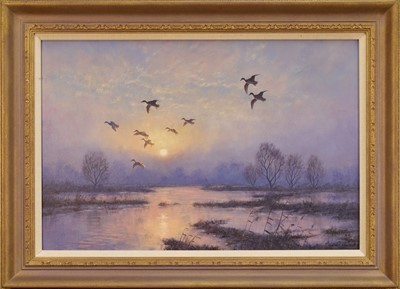 Lot 1244 - Julian Novorol (b.1949) oil on canvas - Wildfowl over the Marshes at Sunset, signed and dated 2001, 41cm x 61cm, in gilt frame
