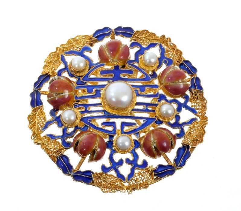 Lot 544 - Chinese silver gilt and enamel pendant/brooch, the circular pierced disc with cultured pearls and enamel lotus flower decoration, 55mm diameter