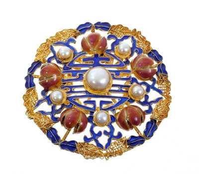 Lot 544 - Chinese silver gilt and enamel pendant/brooch, the circular pierced disc with cultured pearls and enamel lotus flower decoration, 55mm diameter