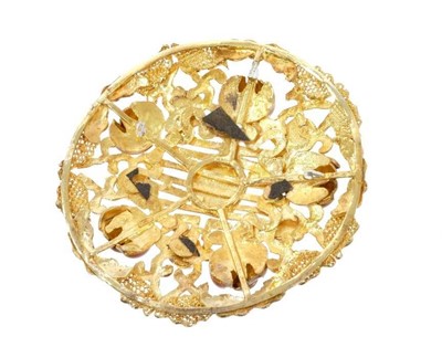 Lot 544 - Chinese silver gilt and enamel pendant/brooch, the circular pierced disc with cultured pearls and enamel lotus flower decoration, 55mm diameter