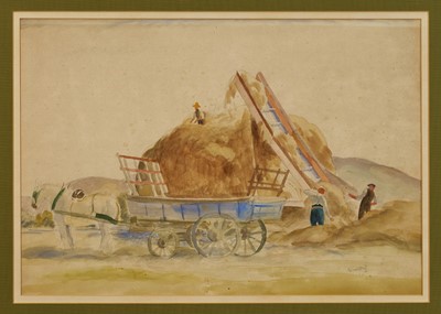 Lot 1056 - *Reginald Brill (1902-1974) watercolour, Hay harvest 1931, signed and dated '31, 38 x 54cm, in glazed frame