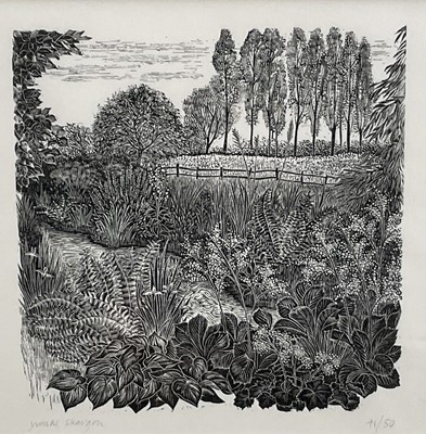 Lot 269 - Yvonne Skargon (b. 1931) woodcut print, River Meadow scene, signed and numbered 41/50, 15 x 15cm