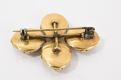 Lot 545 - Pair of 19th century gold and steel cufflinks later converted to a brooch, each oval plaque applied with gold initials on engraved steel ground, in yellow metal setting, 44mm x 35mm