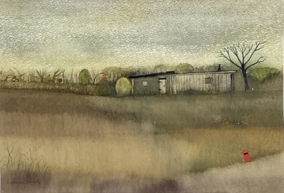 Lot 1058 - Charles Duranty (1918-2006) watercolour - ‘In a field somewhere in Suffolk’, signed, 21 x 31cm, in glazed frame