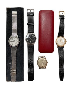 Lot 1131 - 1960s gold plated Marvin Hermetic manual wind wristwatch, cream dial with gilt batton markers, black leather strap, together with a gold plated Ancre anti-magnetic 15 rubies wristwatch and a Ska...
