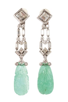 Lot 558 - Pair of Art Deco style emerald and diamond pendant drop earrings