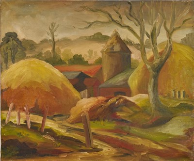 Lot 1219 - Benton End School, oil on canvas - Rural Farmstead, probably Benton End Farm, 51cm x 61cm, unframed